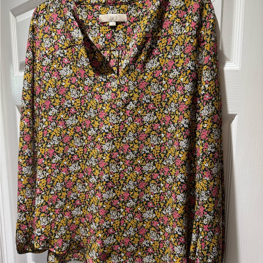 LOFT Red and Orange Blouse Relaxed Notched Collar